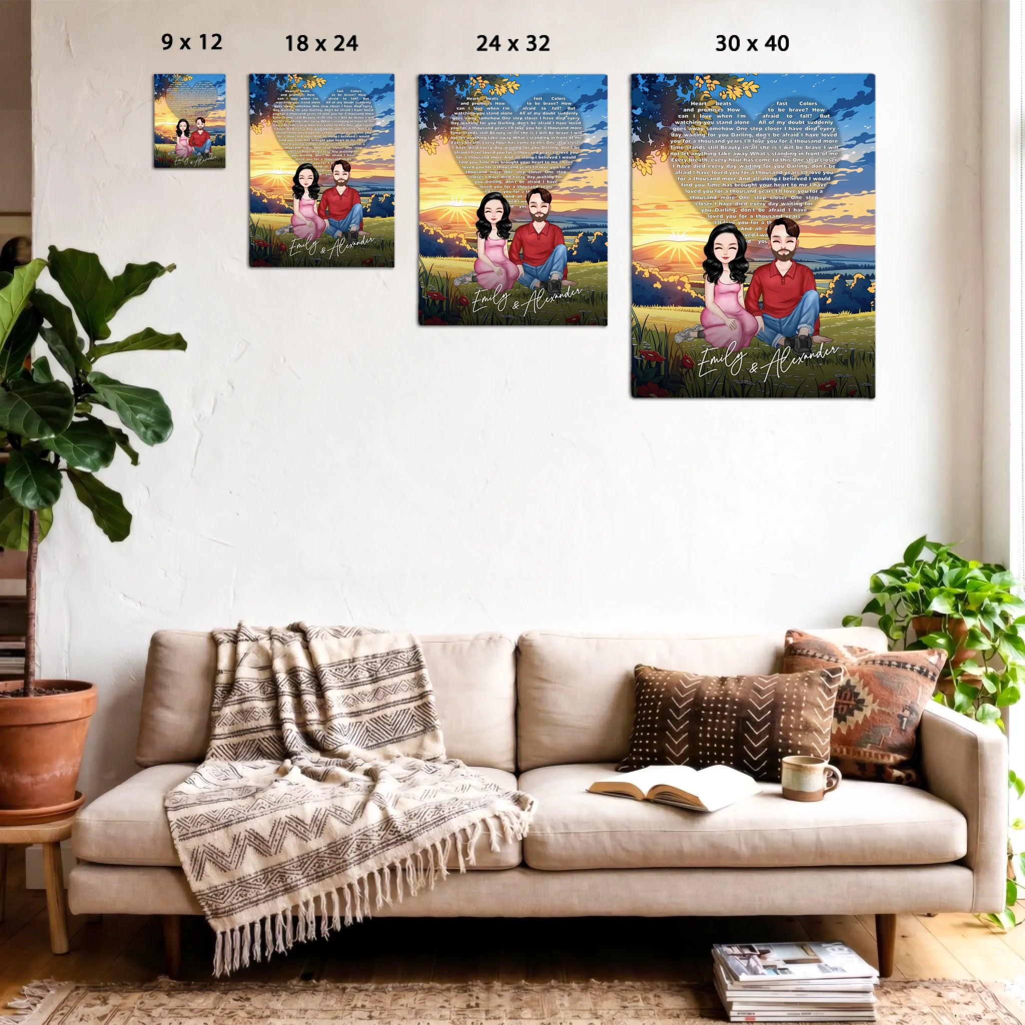 All Along It Was You personalized couple portrait canvas of two front-facing people sitting together in a golden meadow at sunset, with custom lyrics shaped into a heart above them and their names displayed at the bottom — LOVECOUPLET