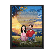All Along It Was You personalized couple portrait framed canvas of two front-facing people sitting together in a golden meadow at sunset, with custom lyrics shaped into a heart above them and their names displayed at the bottom — LOVECOUPLET