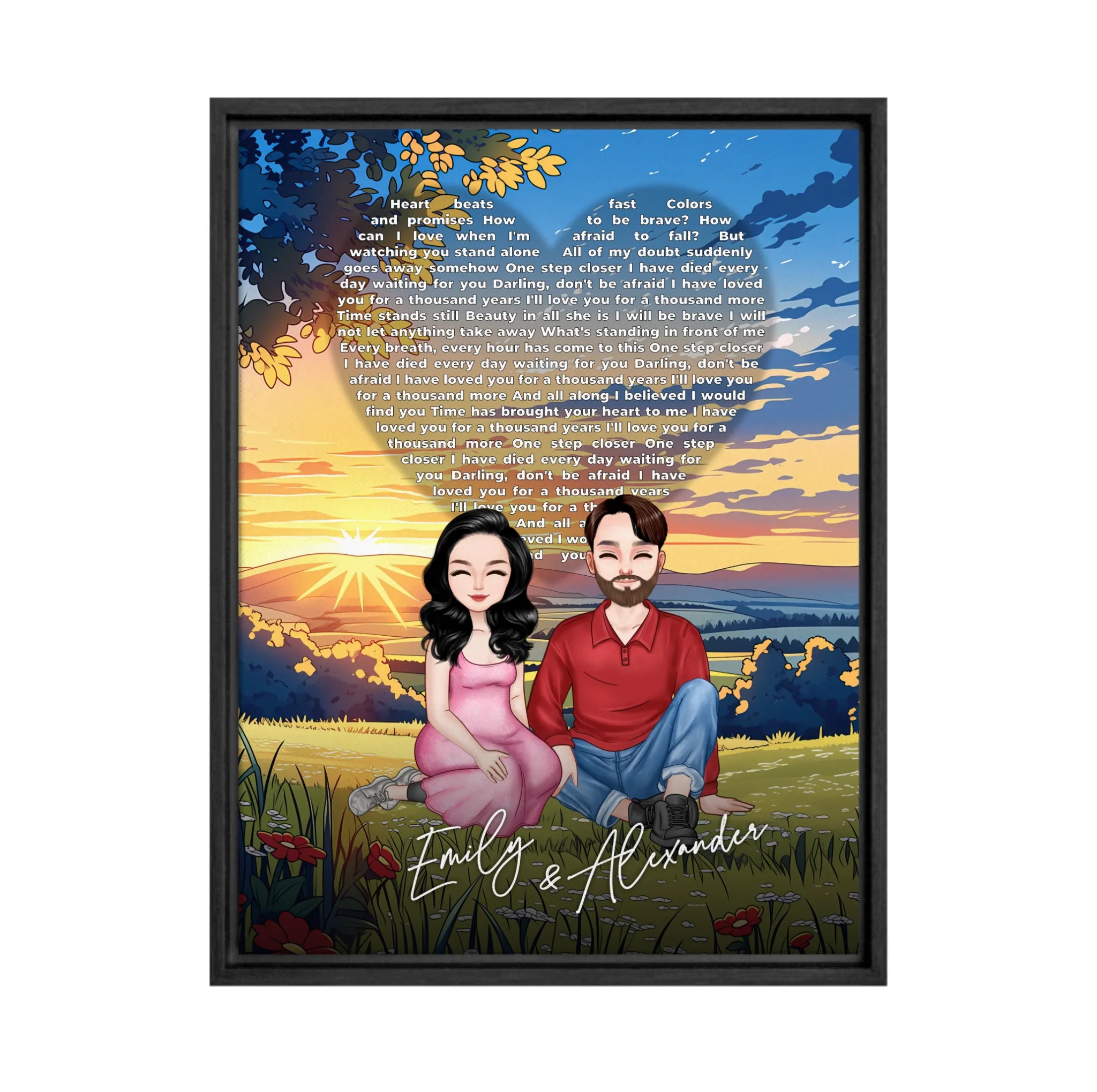 All Along It Was You personalized couple portrait framed canvas of two front-facing people sitting together in a golden meadow at sunset, with custom lyrics shaped into a heart above them and their names displayed at the bottom — LOVECOUPLET