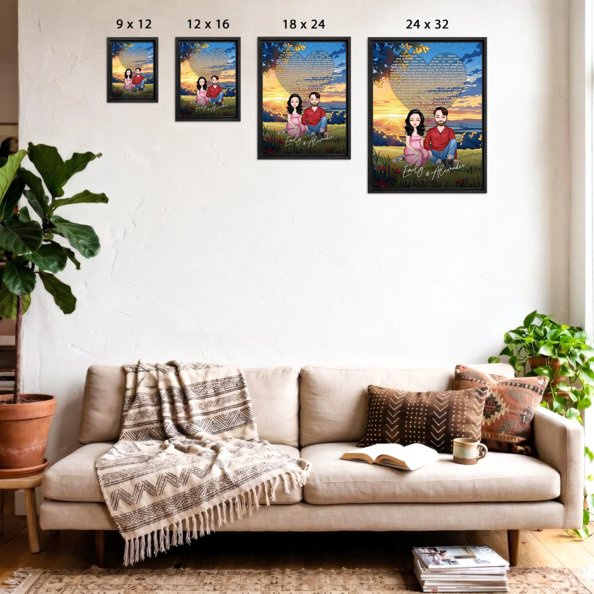 All Along It Was You personalized couple portrait framed canvas of two front-facing people sitting together in a golden meadow at sunset, with custom lyrics shaped into a heart above them and their names displayed at the bottom — LOVECOUPLET