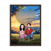 All Along It Was You personalized couple portrait framed canvas of two front-facing people sitting together in a golden meadow at sunset, with custom lyrics shaped into a heart above them and their names displayed at the bottom — LOVECOUPLET