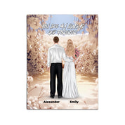 Always and Forever personalized wedding couple canvas of two people standing together in a romantic floral garden scene, with a custom quote above them and their names displayed at the bottom — LOVECOUPLET