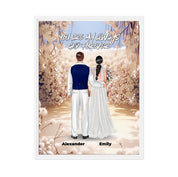 Always and Forever personalized wedding couple framed canvas of two people standing together in a romantic floral garden scene, with a custom quote above them and their names displayed at the bottom — LOVECOUPLET