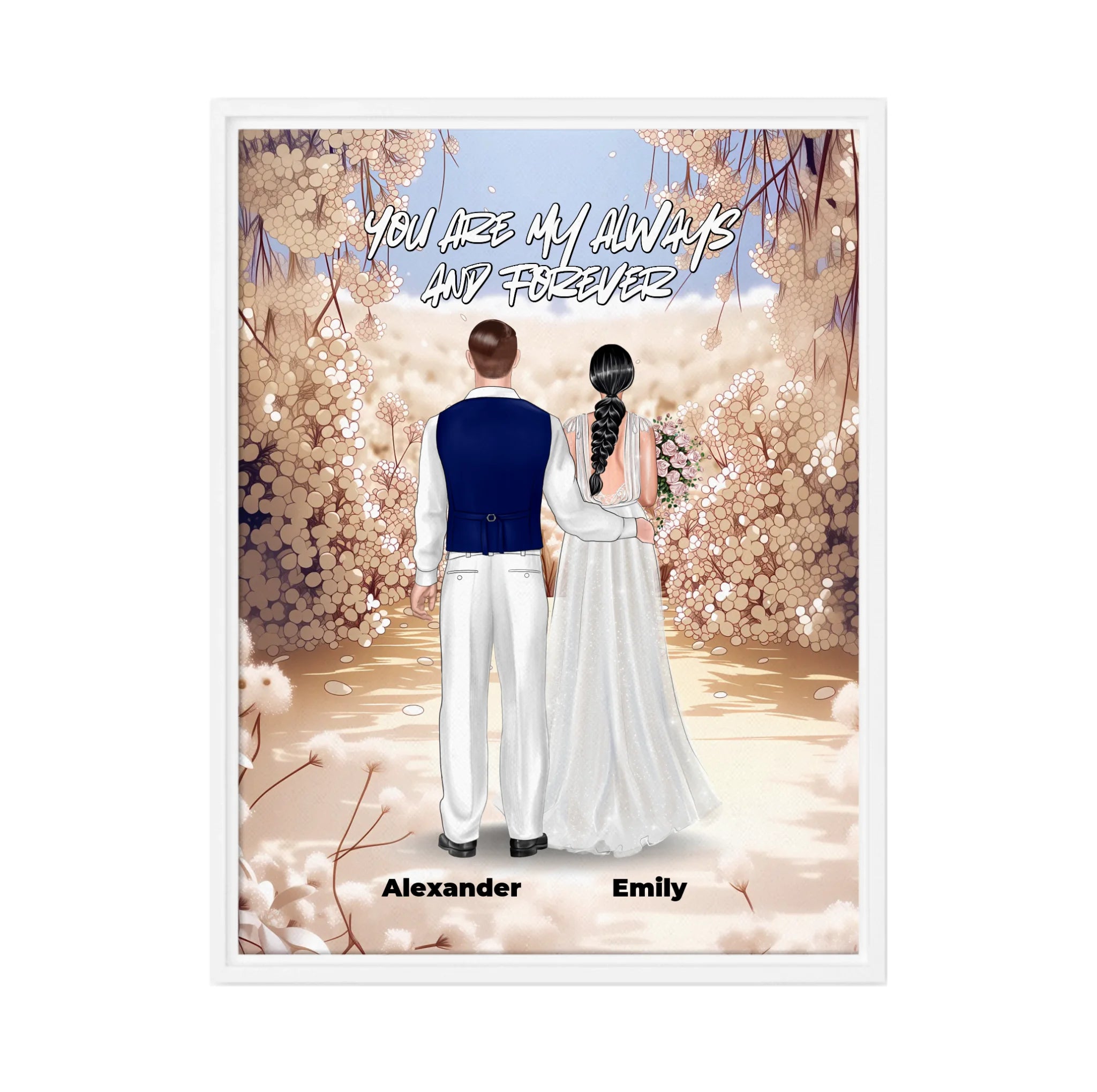 Always and Forever personalized wedding couple framed canvas of two people standing together in a romantic floral garden scene, with a custom quote above them and their names displayed at the bottom — LOVECOUPLET