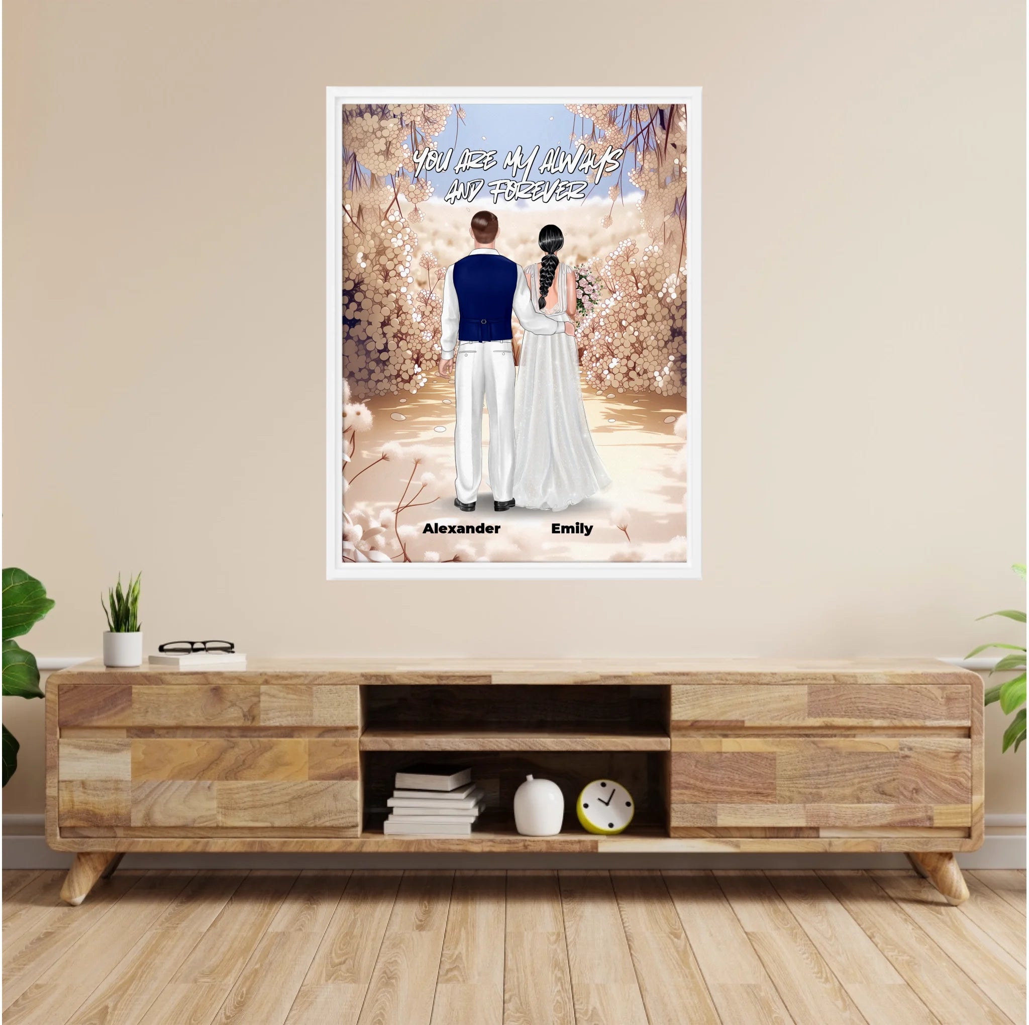 Always and Forever personalized wedding couple framed canvas of two people standing together in a romantic floral garden scene, with a custom quote above them and their names displayed at the bottom — LOVECOUPLET