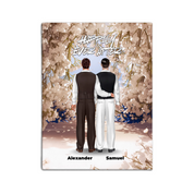 Always and Forever personalized gay wedding couple canvas of two people standing together in a romantic floral garden scene, with a custom quote above them and their names displayed at the bottom — LOVECOUPLET