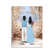 Always and Forever personalized wedding couple canvas of two people standing together in a romantic floral garden scene, with a custom quote above them and their names displayed at the bottom — LOVECOUPLET