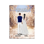 Always and Forever personalized wedding couple canvas of two people standing together in a romantic floral garden scene, with a custom quote above them and their names displayed at the bottom — LOVECOUPLET