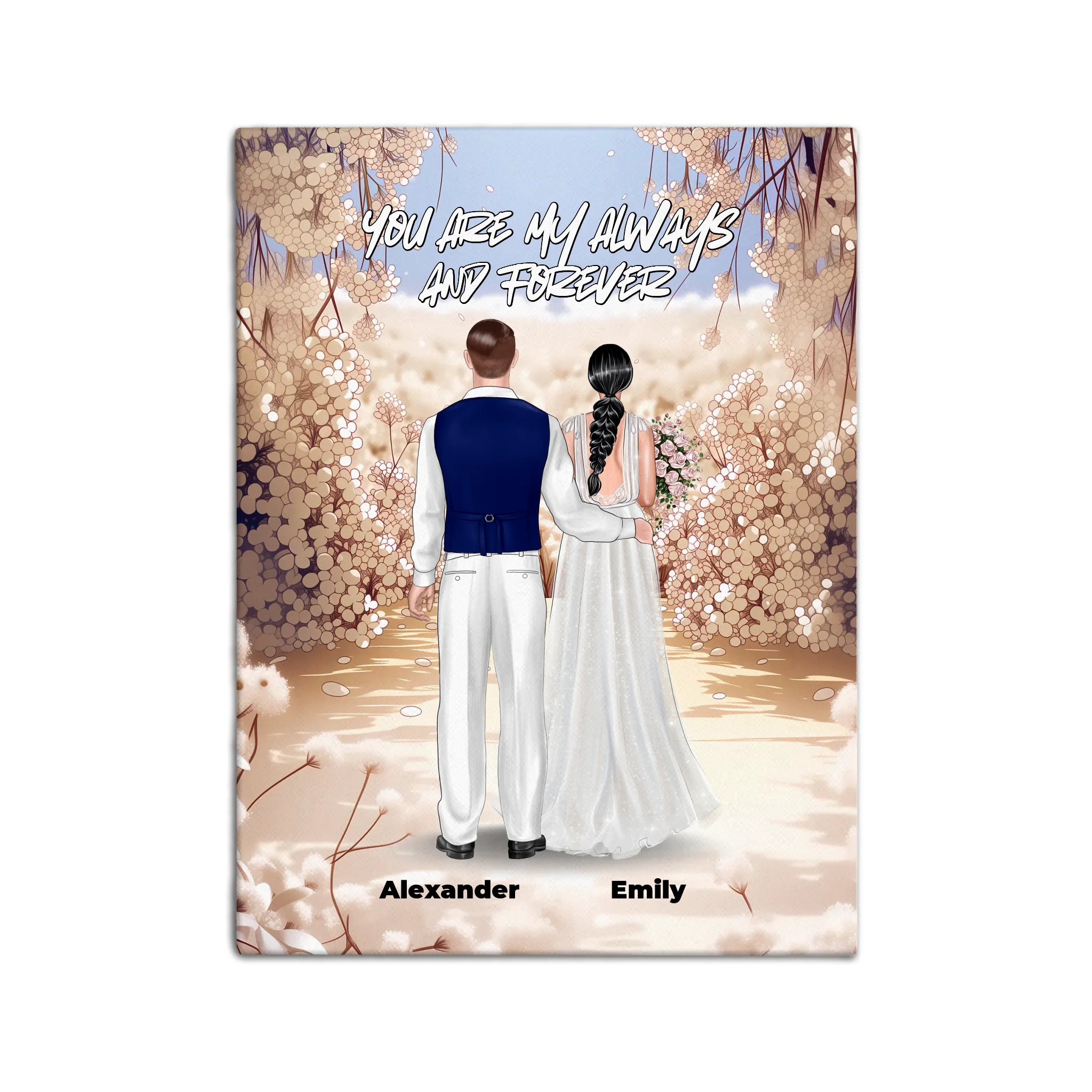 Always and Forever personalized wedding couple canvas of two people standing together in a romantic floral garden scene, with a custom quote above them and their names displayed at the bottom — LOVECOUPLET