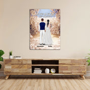 Always and Forever personalized wedding couple canvas of two people standing together in a romantic floral garden scene, with a custom quote above them and their names displayed at the bottom — LOVECOUPLET