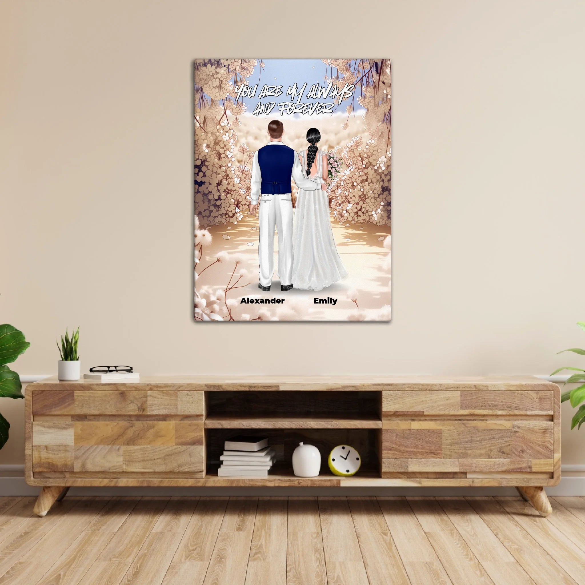 Always and Forever personalized wedding couple canvas of two people standing together in a romantic floral garden scene, with a custom quote above them and their names displayed at the bottom — LOVECOUPLET
