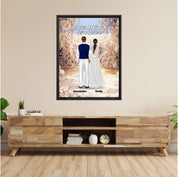 Always and Forever personalized wedding couple framed canvas of two people standing together in a romantic floral garden scene, with a custom quote above them and their names displayed at the bottom — LOVECOUPLET