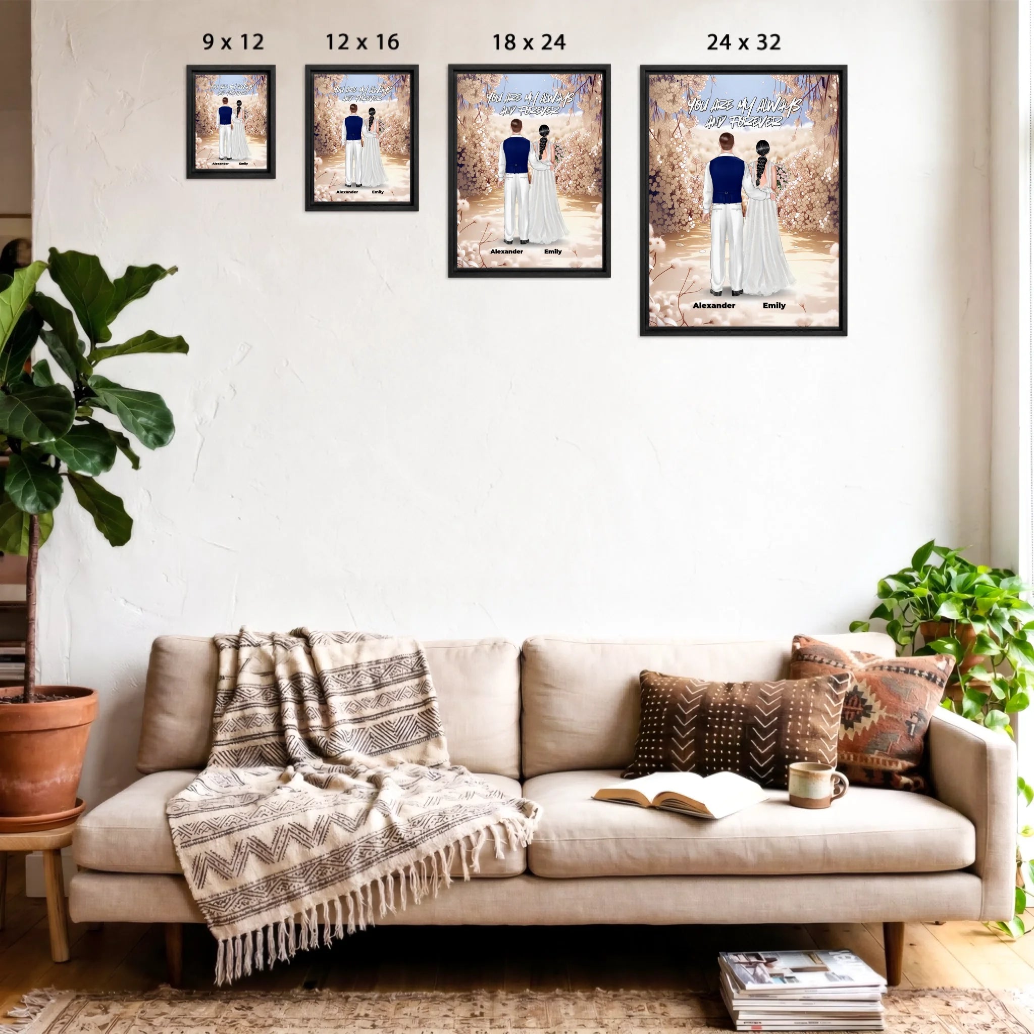 Always and Forever personalized wedding couple framed canvas of two people standing together in a romantic floral garden scene, with a custom quote above them and their names displayed at the bottom — LOVECOUPLET