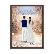 Always and Forever personalized wedding couple framed canvas of two people standing together in a romantic floral garden scene, with a custom quote above them and their names displayed at the bottom — LOVECOUPLET