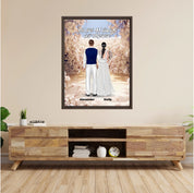 Always and Forever personalized wedding couple framed canvas of two people standing together in a romantic floral garden scene, with a custom quote above them and their names displayed at the bottom — LOVECOUPLET