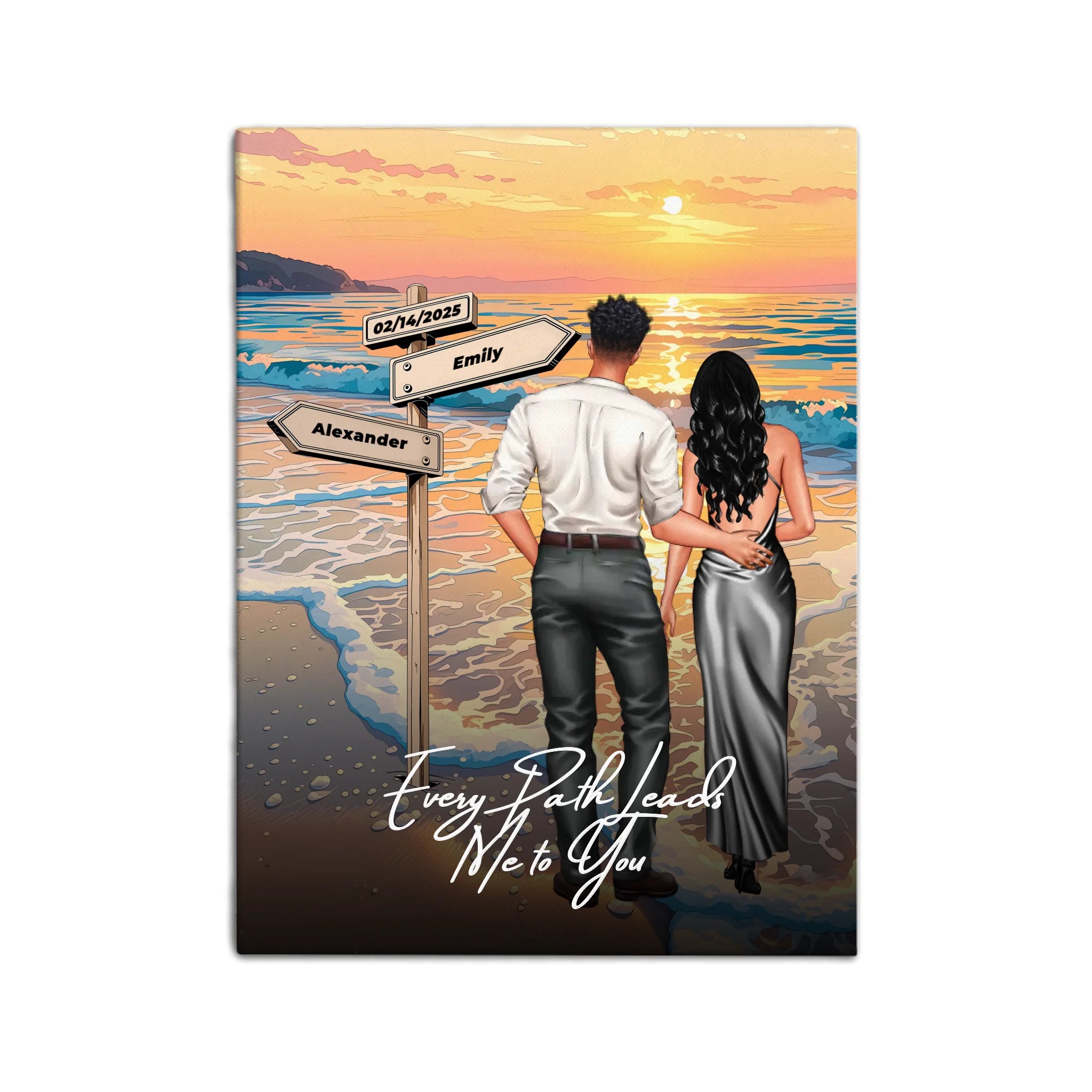 Every Path Leads Me to You personalized couple canvas of two people standing together on a beach at sunset, with custom names and date on a wooden signpost, a custom romantic quote below, and personalized characters — LOVECOUPLET