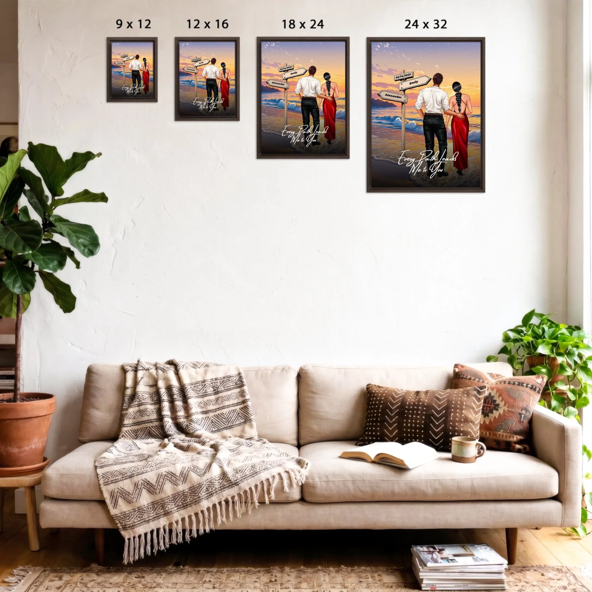 Every Path Leads Me to You personalized couple framed canvas of two people standing together on a beach at sunset, with custom names and date on a wooden signpost, a custom romantic quote below, and personalized characters — LOVECOUPLET