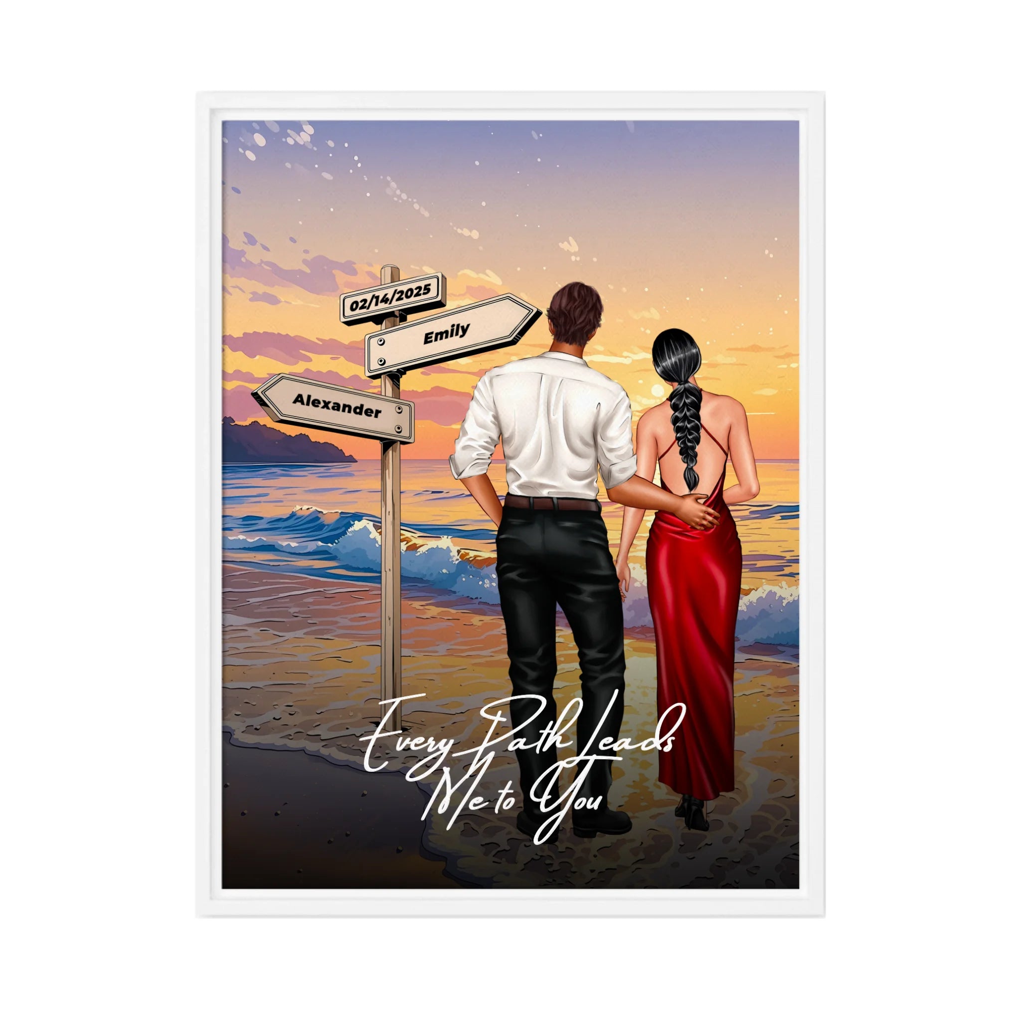 Every Path Leads Me to You personalized couple framed canvas of two people standing together on a beach at sunset, with custom names and date on a wooden signpost, a custom romantic quote below, and personalized characters — LOVECOUPLET