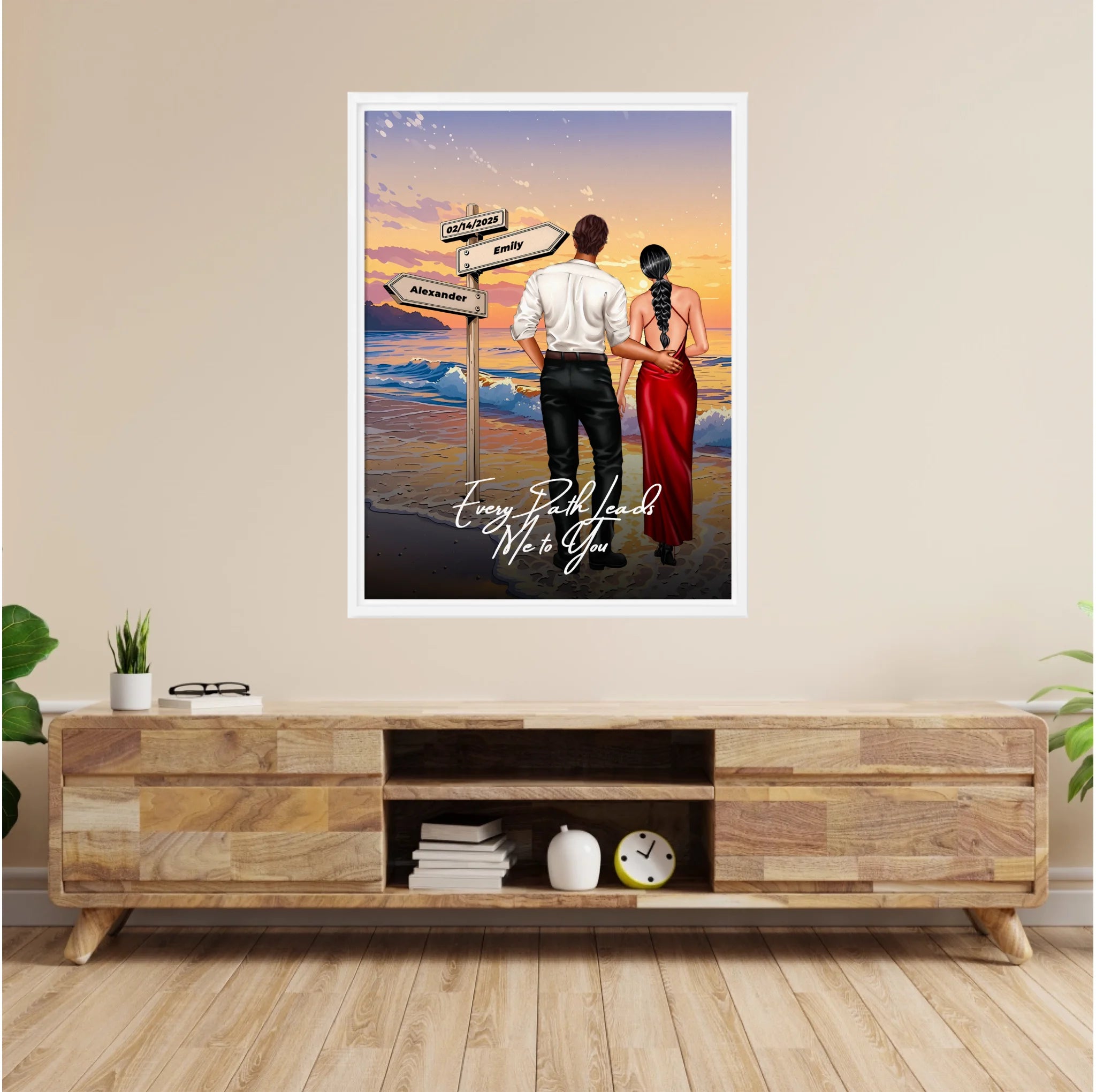 Every Path Leads Me to You personalized couple framed canvas of two people standing together on a beach at sunset, with custom names and date on a wooden signpost, a custom romantic quote below, and personalized characters — LOVECOUPLET
