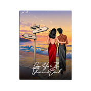 Every Path Leads Me to You personalized lesbian couple canvas of two people standing together on a beach at sunset, with custom names and date on a wooden signpost, a custom romantic quote below, and personalized characters — LOVECOUPLET