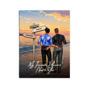 Every Path Leads Me to You personalized gay couple canvas of two people standing together on a beach at sunset, with custom names and date on a wooden signpost, a custom romantic quote below, and personalized characters — LOVECOUPLET