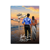Every Path Leads Me to You personalized couple canvas of two people standing together on a beach at sunset, with custom names and date on a wooden signpost, a custom romantic quote below, and personalized characters — LOVECOUPLET