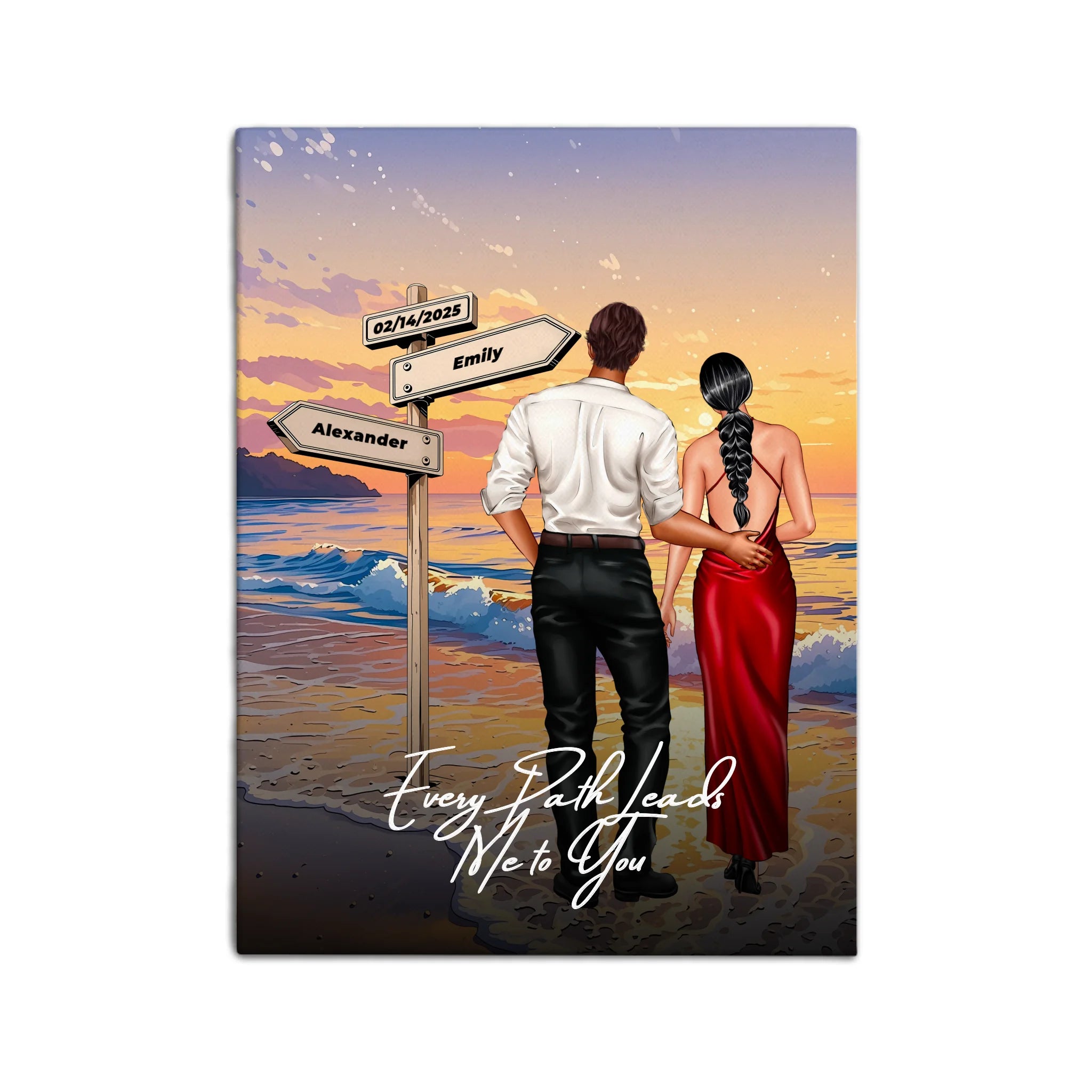 Every Path Leads Me to You personalized couple canvas of two people standing together on a beach at sunset, with custom names and date on a wooden signpost, a custom romantic quote below, and personalized characters — LOVECOUPLET