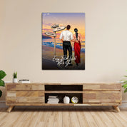 Every Path Leads Me to You personalized couple canvas of two people standing together on a beach at sunset, with custom names and date on a wooden signpost, a custom romantic quote below, and personalized characters — LOVECOUPLET