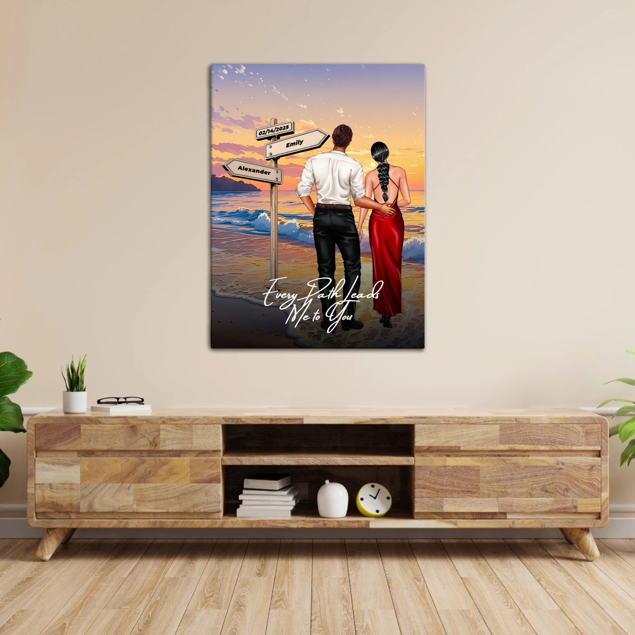 Every Path Leads Me to You personalized couple canvas of two people standing together on a beach at sunset, with custom names and date on a wooden signpost, a custom romantic quote below, and personalized characters — LOVECOUPLET