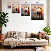 Every Path Leads Me to You personalized couple canvas of two people standing together on a beach at sunset, with custom names and date on a wooden signpost, a custom romantic quote below, and personalized characters — LOVECOUPLET