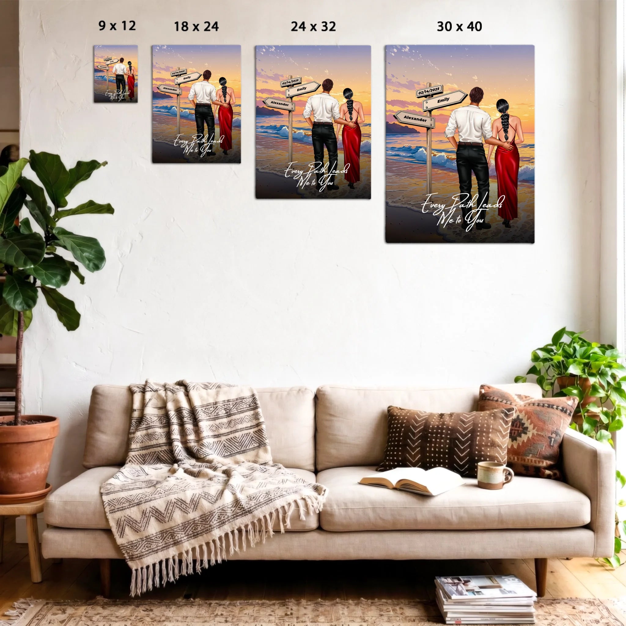 Every Path Leads Me to You personalized couple canvas of two people standing together on a beach at sunset, with custom names and date on a wooden signpost, a custom romantic quote below, and personalized characters — LOVECOUPLET