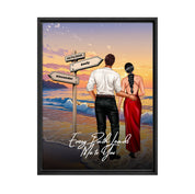 Every Path Leads Me to You personalized couple framed canvas of two people standing together on a beach at sunset, with custom names and date on a wooden signpost, a custom romantic quote below, and personalized characters — LOVECOUPLET