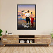 Every Path Leads Me to You personalized couple framed canvas of two people standing together on a beach at sunset, with custom names and date on a wooden signpost, a custom romantic quote below, and personalized characters — LOVECOUPLET