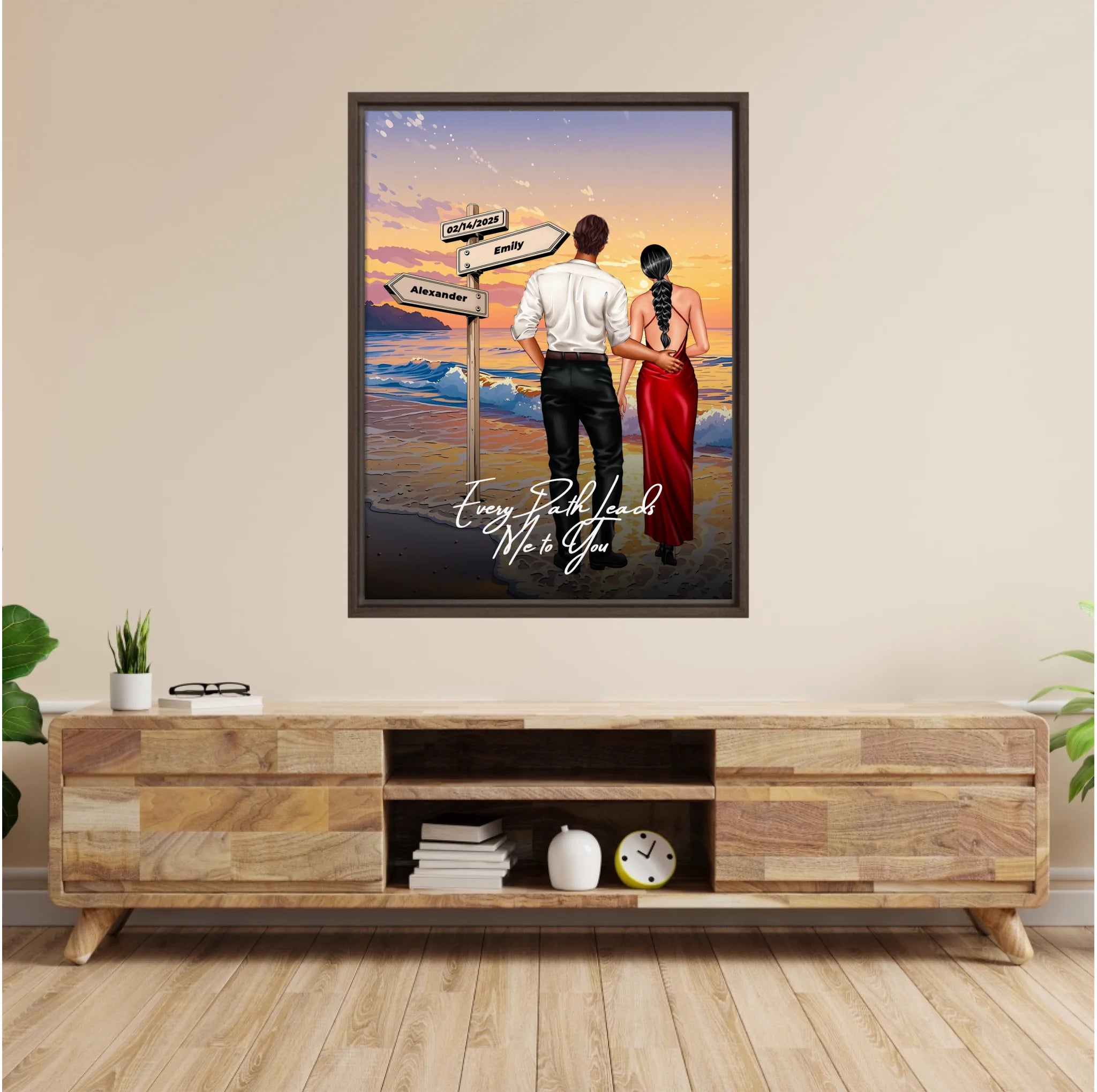 Every Path Leads Me to You personalized couple framed canvas of two people standing together on a beach at sunset, with custom names and date on a wooden signpost, a custom romantic quote below, and personalized characters — LOVECOUPLET