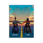 Custom motorcycle-themed canvas print featuring a scenic sunset road with two riders holding hands, overlaid with romantic lyrics and personalized names 'Alexander' and 'Emily'. — LOVECOUPLET