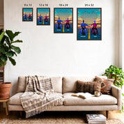 Personalized couple framed canvas of two people holding hands on motorcycles at sunset, with custom lyrics shaped into a heart above the open road and their names displayed at the bottom — LOVECOUPLET