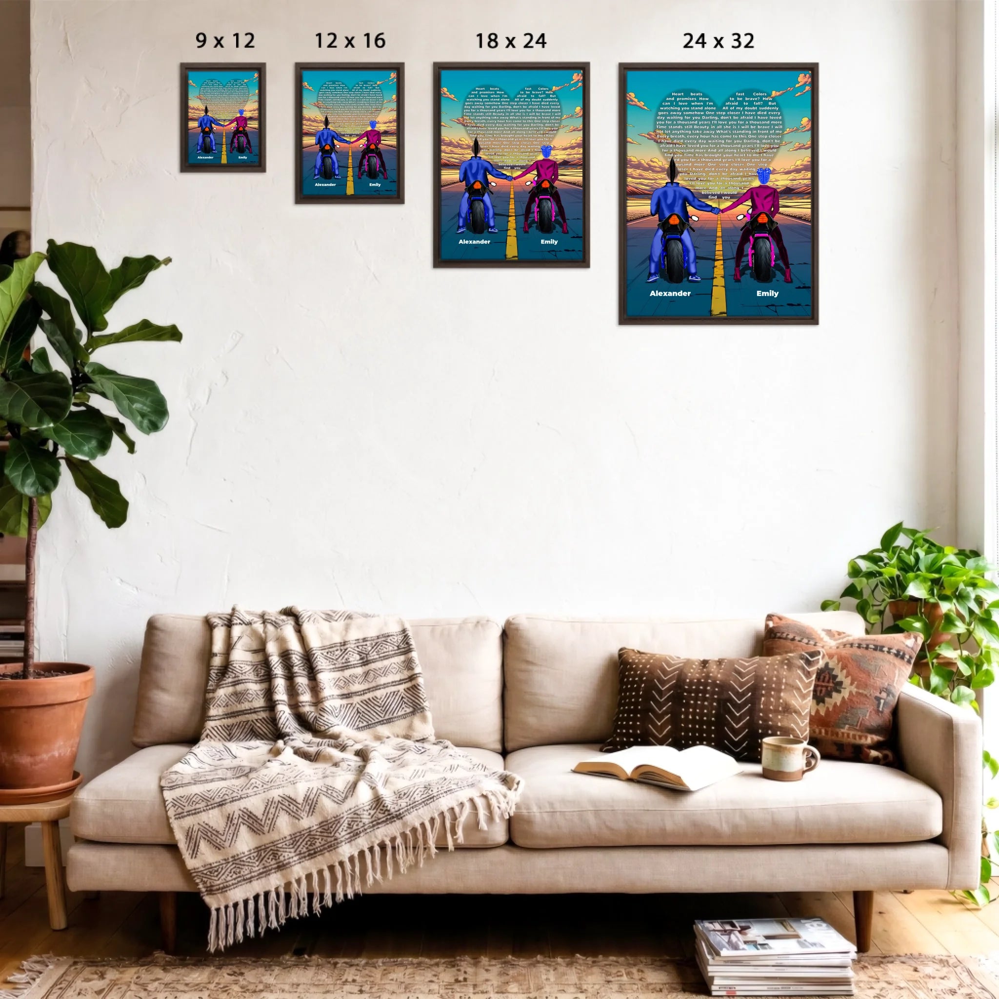 Personalized couple framed canvas of two people holding hands on motorcycles at sunset, with custom lyrics shaped into a heart above the open road and their names displayed at the bottom — LOVECOUPLET