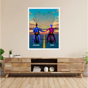 Personalized couple framed canvas of two people holding hands on motorcycles at sunset, with custom lyrics shaped into a heart above the open road and their names displayed at the bottom — LOVECOUPLET