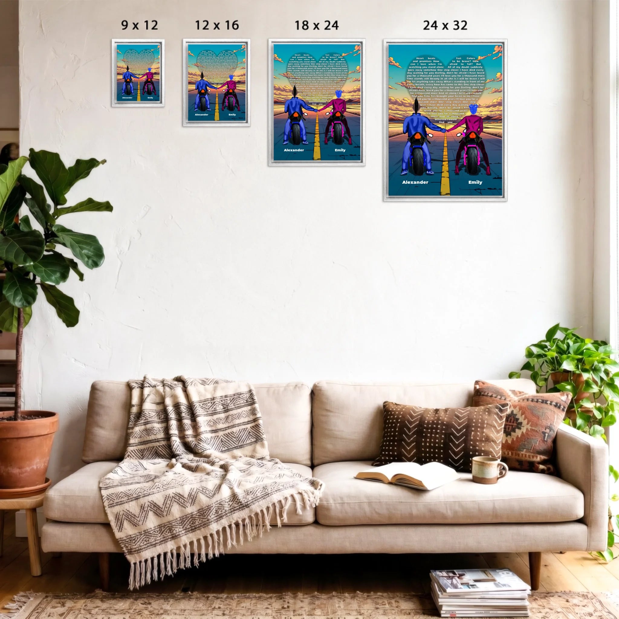 Personalized couple framed canvas of two people holding hands on motorcycles at sunset, with custom lyrics shaped into a heart above the open road and their names displayed at the bottom — LOVECOUPLET
