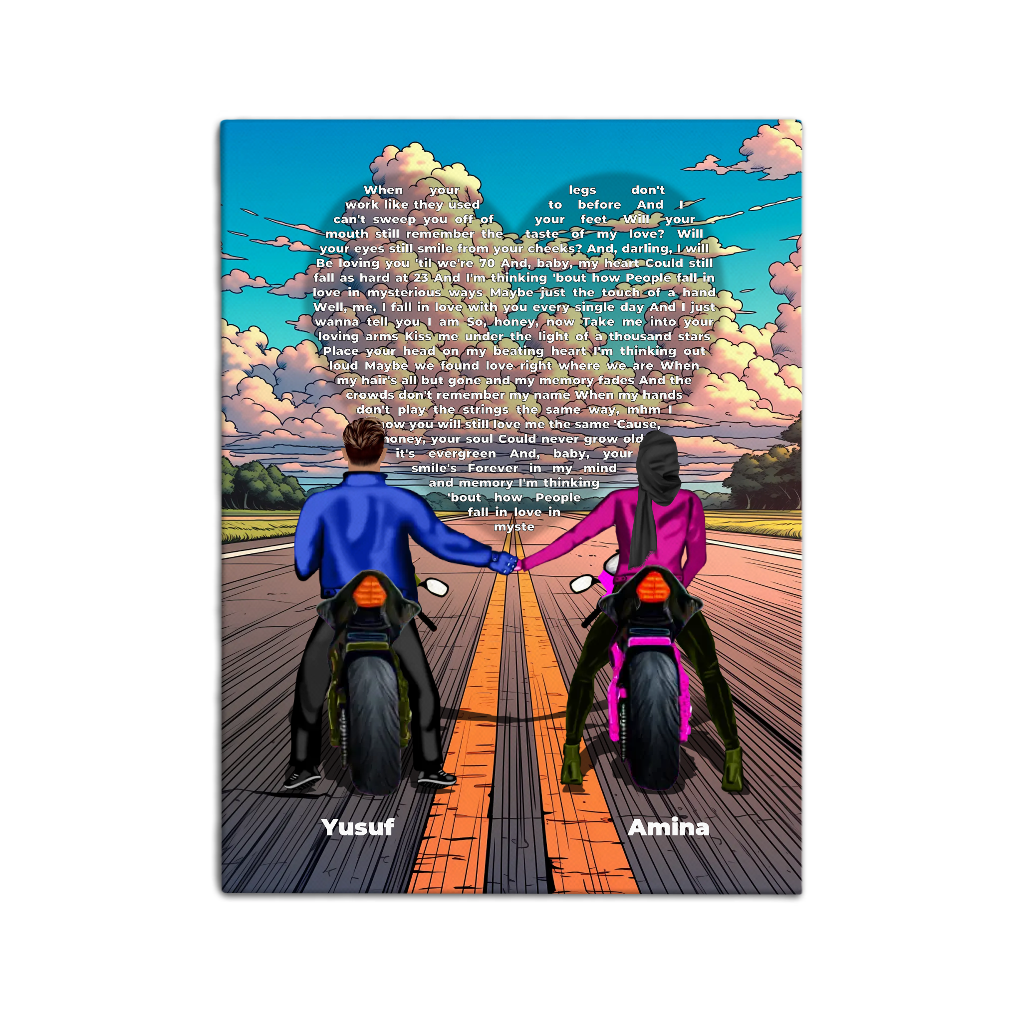 Personalized muslim couple canvas of two people holding hands on motorcycles at sunset, with custom lyrics shaped into a heart above the open road and their names displayed at the bottom — LOVECOUPLET