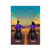 Personalized couple canvas of two people holding hands on motorcycles at sunset, with custom lyrics shaped into a heart above the open road and their names displayed at the bottom — LOVECOUPLET