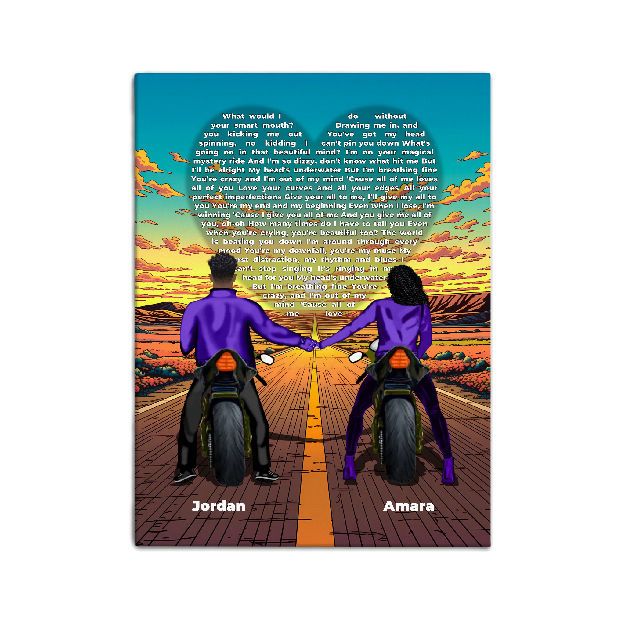 Personalized couple canvas of two people holding hands on motorcycles at sunset, with custom lyrics shaped into a heart above the open road and their names displayed at the bottom — LOVECOUPLET