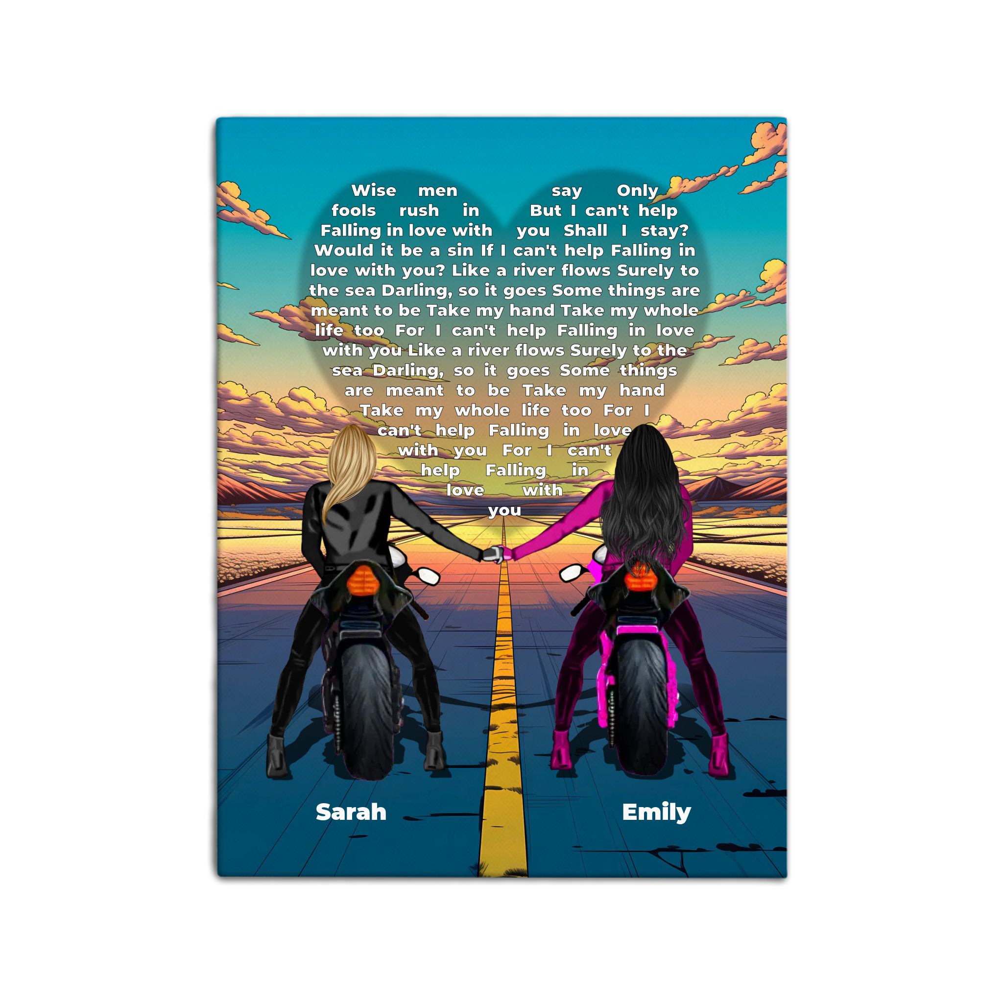 Personalized lesbian couple canvas of two people holding hands on motorcycles at sunset, with custom lyrics shaped into a heart above the open road and their names displayed at the bottom — LOVECOUPLET