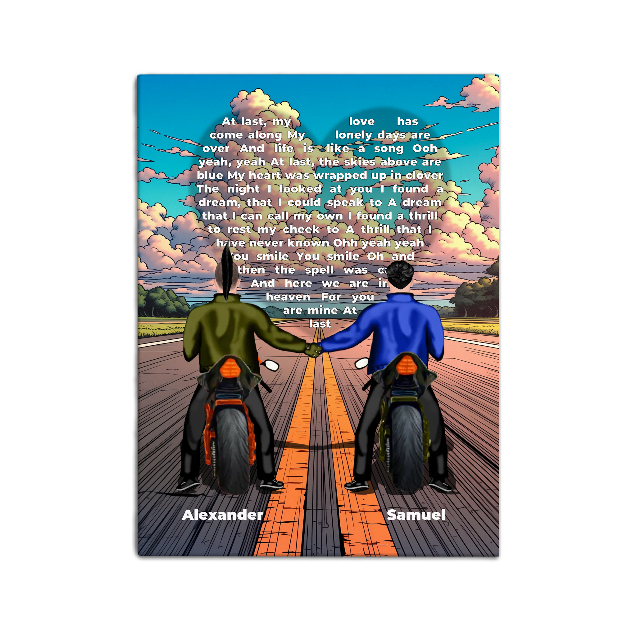 Personalized gay couple canvas of two people holding hands on motorcycles at sunset, with custom lyrics shaped into a heart above the open road and their names displayed at the bottom — LOVECOUPLET