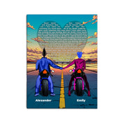 Personalized couple canvas of two people holding hands on motorcycles at sunset, with custom lyrics shaped into a heart above the open road and their names displayed at the bottom — LOVECOUPLET