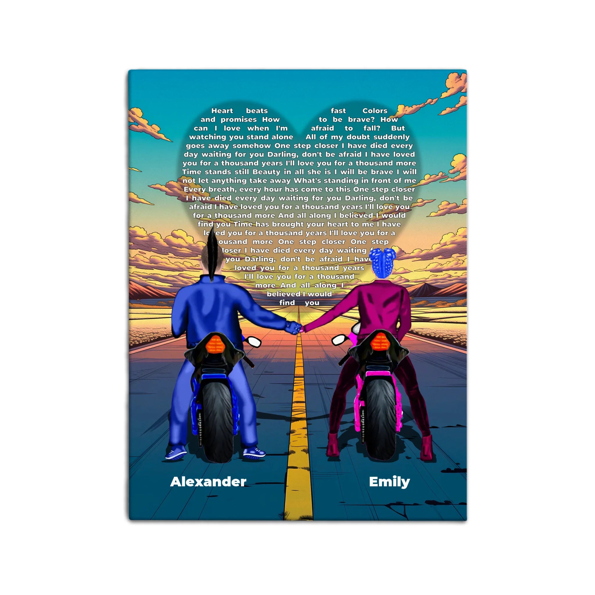 Personalized couple canvas of two people holding hands on motorcycles at sunset, with custom lyrics shaped into a heart above the open road and their names displayed at the bottom — LOVECOUPLET