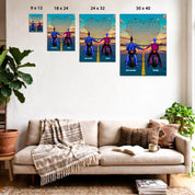 Personalized couple canvas of two people holding hands on motorcycles at sunset, with custom lyrics shaped into a heart above the open road and their names displayed at the bottom — LOVECOUPLET