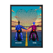 Personalized couple framed canvas of two people holding hands on motorcycles at sunset, with custom lyrics shaped into a heart above the open road and their names displayed at the bottom — LOVECOUPLET