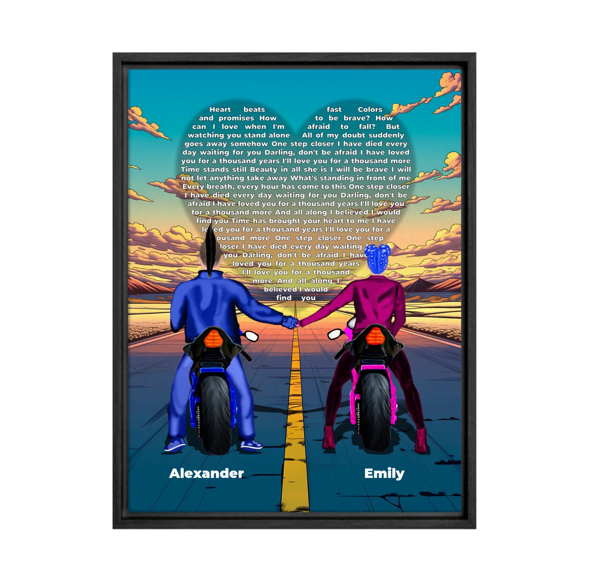 Personalized couple framed canvas of two people holding hands on motorcycles at sunset, with custom lyrics shaped into a heart above the open road and their names displayed at the bottom — LOVECOUPLET
