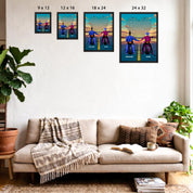 Personalized couple framed canvas of two people holding hands on motorcycles at sunset, with custom lyrics shaped into a heart above the open road and their names displayed at the bottom — LOVECOUPLET